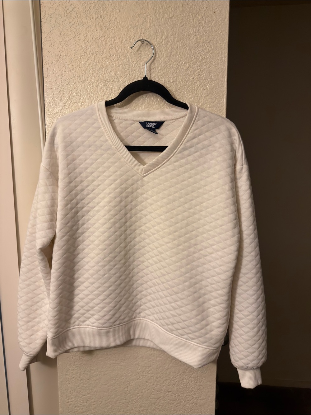 Lands' End Cream Quilted V-Neck Sweater